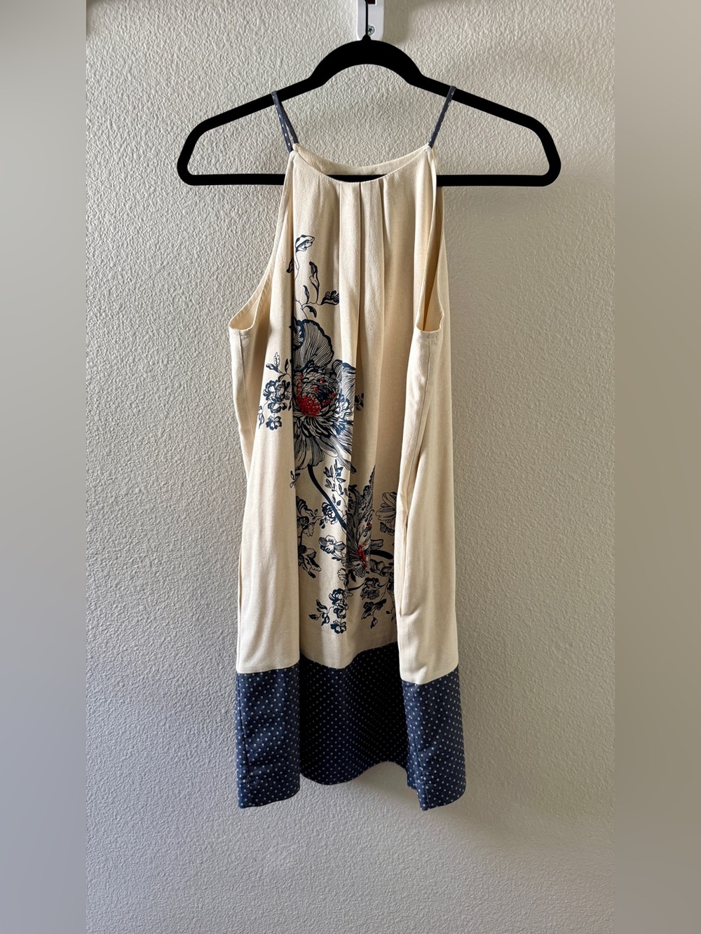 Free People Cream Strapless Dress with Navy Floral and Red Accents